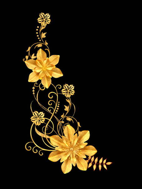 3d rendering. Golden stylized flowers, delicate shiny curls, paisley element. Decorative corner, pattern. - 写真・画像