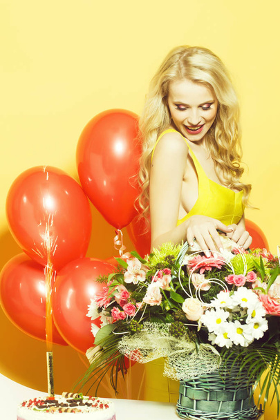 Birthday woman with flowers - Фото, изображение