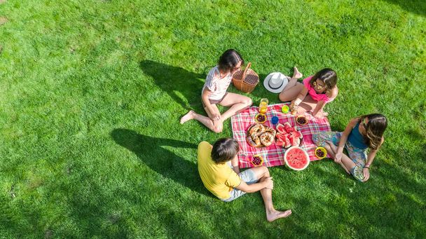 Happy family having picnic in park, parents with kids sitting on grass and eating healthy meals outdoors, aerial view from above, family vacation and weekend concept - Foto, immagini