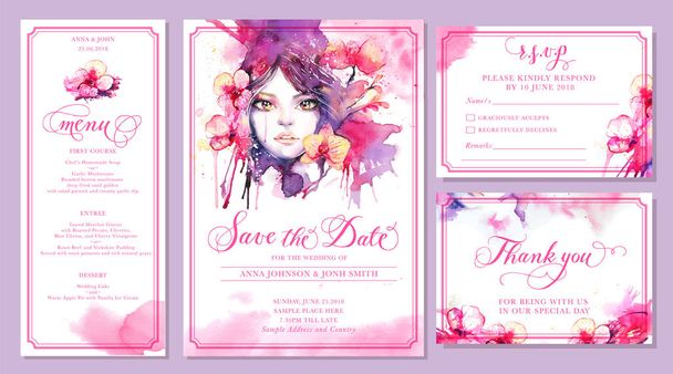 結婚式招待状カード テンプレート - 水彩美しい女性とピンクの蘭の花のセット。エレガントなレイアウト、ファッションイラストおよび結婚式のためのメッセージ保存カードの日付、rsvp、メニューのありがとうございます - ベクター画像