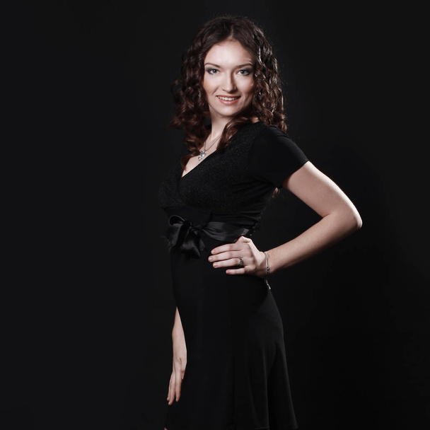 closeup of beautiful young woman in evening black dress - Zdjęcie, obraz