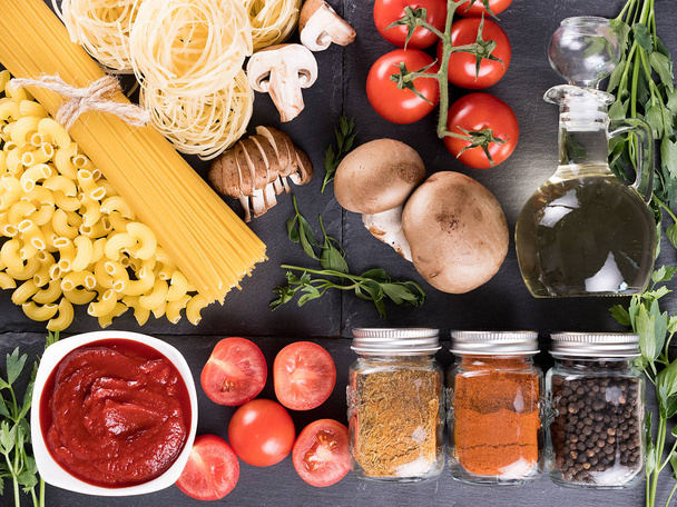 Top view variety of raw uncooked pasta - Photo, Image