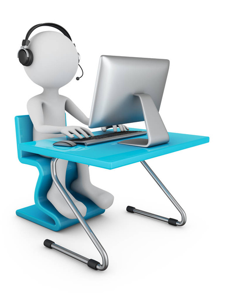 Ένας άνθρωπος στα ακουστικά με μικρόφωνο κάθεται σε ένα τραπέζι με έναν προσωπικό υπολογιστή. 3D rendering. - Φωτογραφία, εικόνα