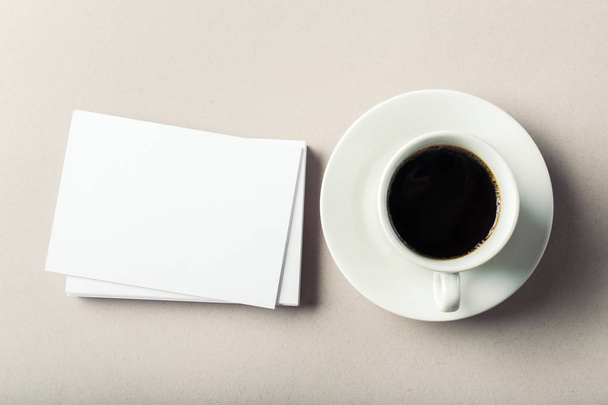 Blank cards with coffee cup, close-up  - Фото, зображення