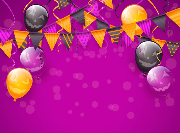 lila Hintergrund mit gruseligen Luftballons, Wimpeln und Luftschlangen, Illustration. - Vektor, Bild