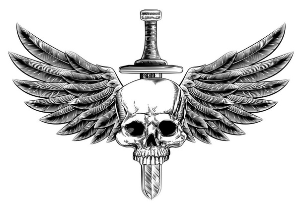 Woodcut Winged Skull Sword Insignia - Διάνυσμα, εικόνα