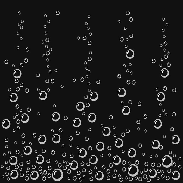 Burbujas de aire zumbando sobre fondo negro. Textura de oxígeno subacuático de agua o bebida. Burbujas mareadas en agua de soda, champán, vino espumoso, limonada, acuario, mar, océano
. - Vector, Imagen