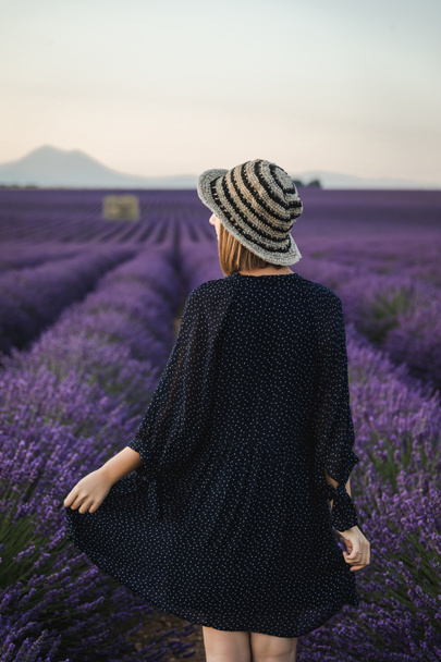 Achteraanzicht van jonge vrouw lopen tussen bloeiende lavendel bloemen, provence, Frankrijk - Foto, afbeelding