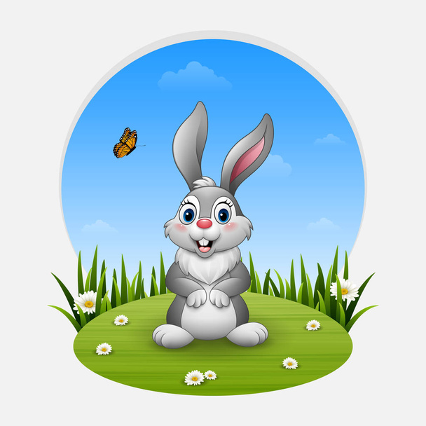Vector illustration of Cartoon happy rabbit standing on the grass - Vector, Image
