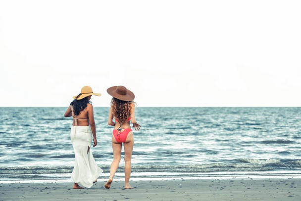 Les femmes heureuses en bikinis vont bronzer ensemble sur la plage de sable tropical pendant les vacances d'été. Mode de vie
. - Photo, image