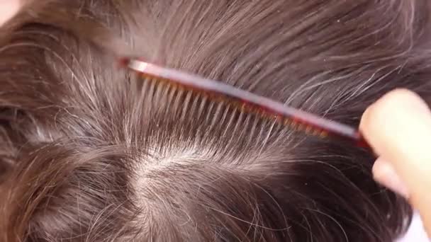 Kapper kammen een menselijk haar met een kam, bovenaanzicht, close-up macro - Video