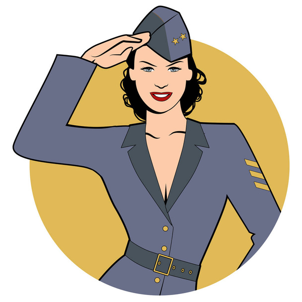 Στρατός girl σε στυλ ρετρό κόμικ φορώντας στολή στρατιωτών από τα 40s ή ' 50 κάνει στρατιωτικό χαιρετισμό - Διάνυσμα, εικόνα