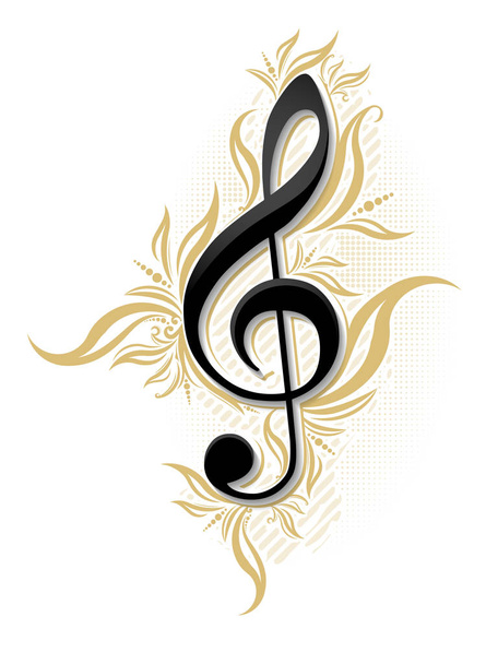 Музыкальный дизайн с глянцевым g-clef и цветочным декором
 - Вектор,изображение