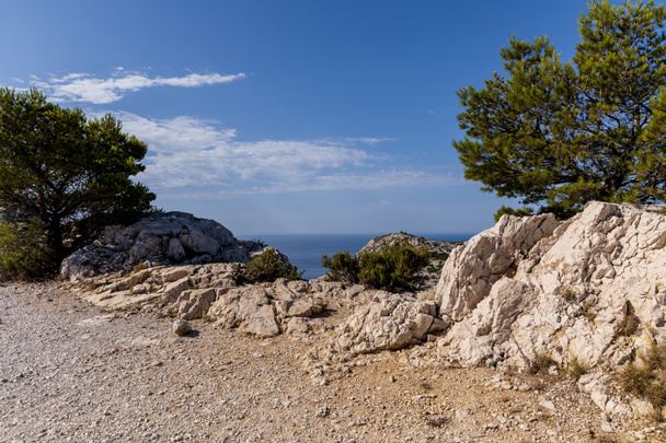 Felsen, grüne Bäume und malerischer Meerblick in Calanques de marseille (Massiv des Calanques), Provence, Frankreich - Foto, Bild