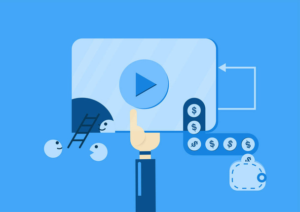 Video marketing pro výrobu peněz z videa na webu. Vektorové ilustrace izolované na modrém pozadí webového proužku, infografiky a reklama. - Vektor, obrázek