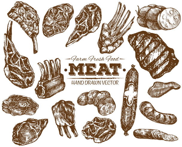 Ręcznie rysowane gospodarstwa świeże mięso bbq szkic kolekcji, czarno-biały ilustracja vintage - Wektor, obraz