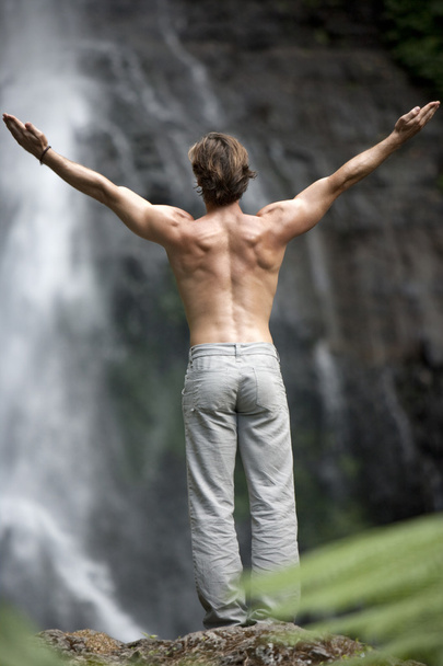 Back view of a man standing by waterfalls - Photo, Image