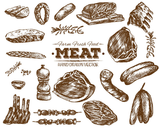 handgezeichnete frische Bauernhof Fleisch BBQ Skizzen Sammlung, schwarz-weiß Vintage-Illustration - Vektor, Bild