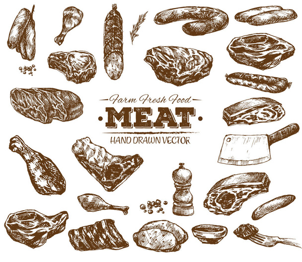 Hand getekend verse boerderij vlees BBQ-schets collectie, zwart-wit vintage illustratie - Vector, afbeelding