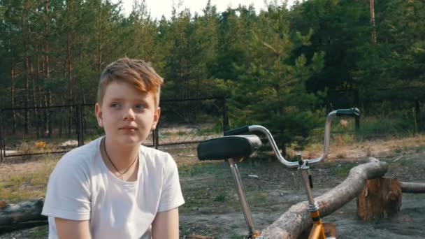 Χαριτωμένο ξανθιά με γαλανά μάτια ένα έφηβο αγόρι κάθεται και χαμόγελο σε ένα πάρκο δίπλα στο ποδήλατο και συνομιλίες για το καλοκαίρι. Συναισθηματικό πορτραίτο ενός αγοριού - Πλάνα, βίντεο