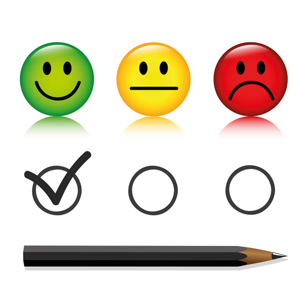 Emoticon Smiley Bewertungsset mit Stift glücklich isoliert auf weißem Hintergrund - Vektor, Bild