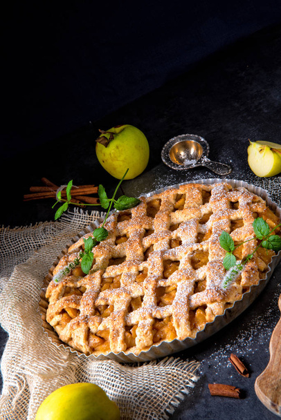 Tasty Apple pie with lattice upper crust in cake pan - Foto, Imagem
