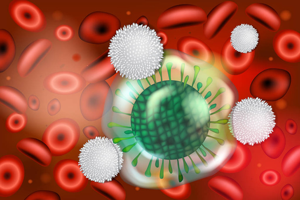 Linfocitos atacando virus. Ilustración médica en 3D sobre inmunidad
 - Vector, imagen