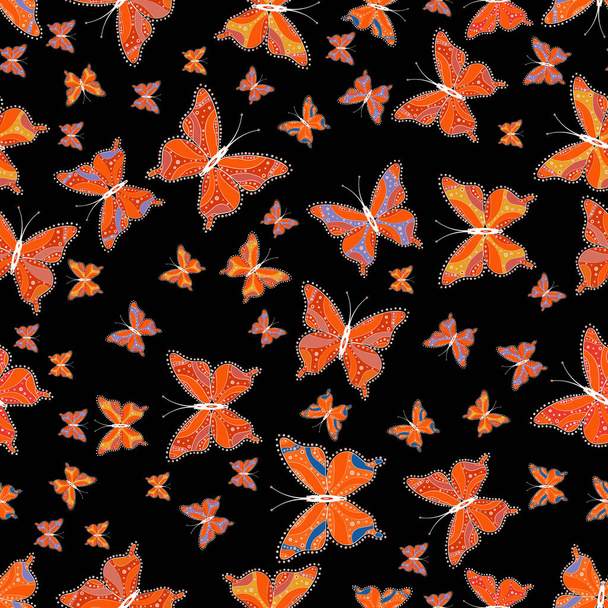 Vector. Fashion Fabric Design. Pictures in black, orange and white colors. Beautiful seamless pattern of cute butterflies. Hand-drawn illustration. - Vector, Image
