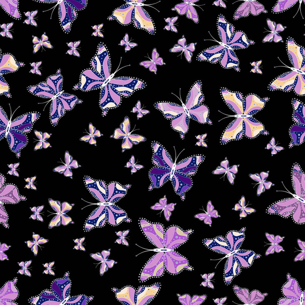 Cute Vector illustration. Perfect for web page backgrounds, wallpapers, textile, surface textures. Butterflies seamless pattern in black, neutral and blue colors. - Vector, Image