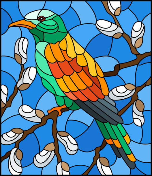 Illustration in stained glass style with a bright bird on willow branches against the sky - Vector, Image