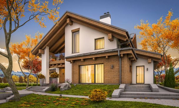 3d rendering of modern cozy house in chalet style with garage for sale or rent with large garden and lawn. Cool autumn evening with soft light from window. - Φωτογραφία, εικόνα