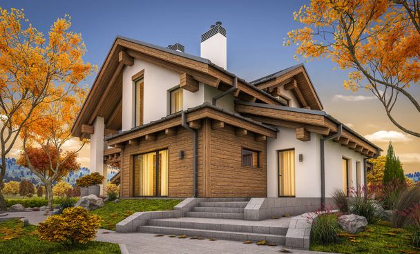 dağ evi tarzı ile garaj Satılık veya Kiralık geniş bahçe ve çim ile modern rahat evde 3D render. Penceresinden yumuşak ışık ile serin sonbahar akşam. - Fotoğraf, Görsel
