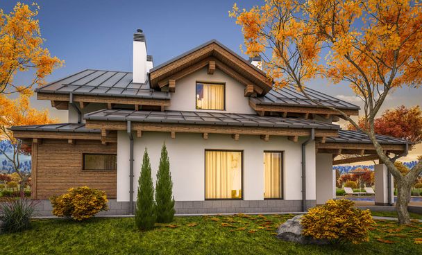 3d rendering of modern cozy house in chalet style with garage for sale or rent with large garden and lawn. Cool autumn evening with soft light from window. - 写真・画像