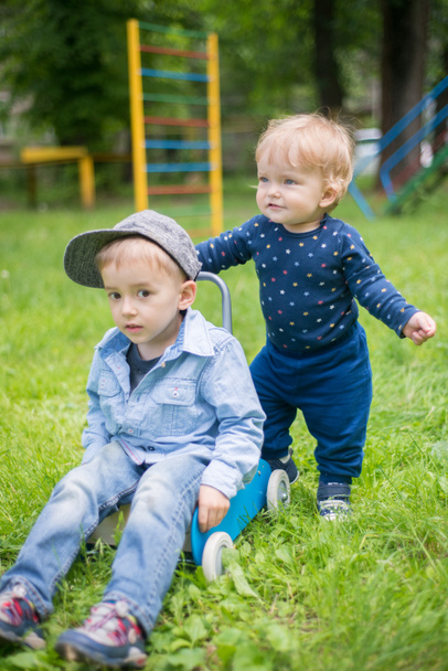 Duas crianças brincando no gramado
 - Foto, Imagem