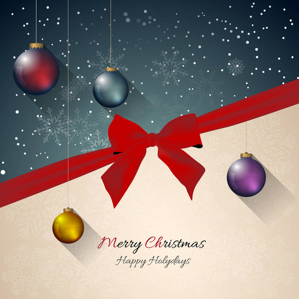 christmas celebration background with red ribbon, snowflakes and christmas balls - Vector, Imagen