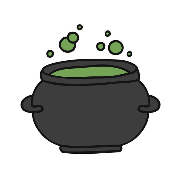 Witch cauldron with green gurgling potion. Doodle cartoon cauldron. Hand-drawn design element for Halloween. - ベクター画像