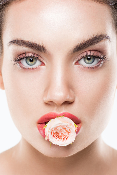 modieuze vrouw met roze roze bloem in lippen, geïsoleerd op wit - Foto, afbeelding