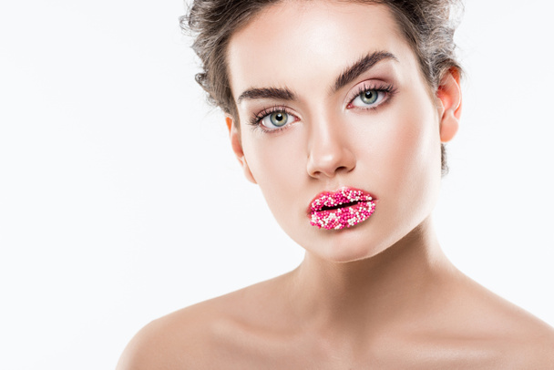 beautiful girl with sugar sprinkles on lips,  isolated on white  - Φωτογραφία, εικόνα