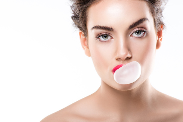 attractive girl with bubble of chewing gum, isolated on white - Valokuva, kuva