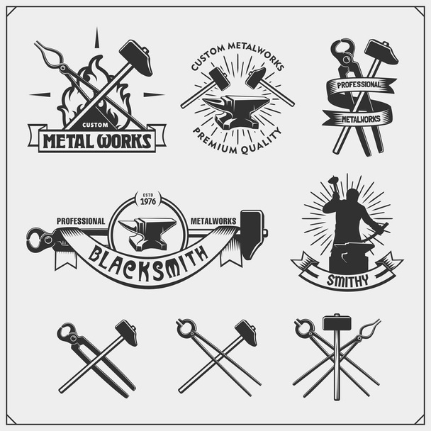 Vintage emblems for forge. Blacksmith labels, badges and design elements. Vector illustration. - Vetor, Imagem