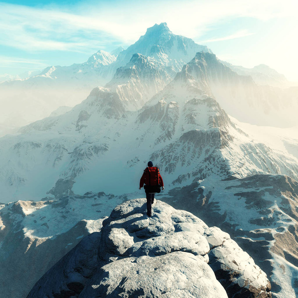Konzeptbild eines Wanderers mit Rucksack vor einem Berg - 3D-Illustration - Foto, Bild