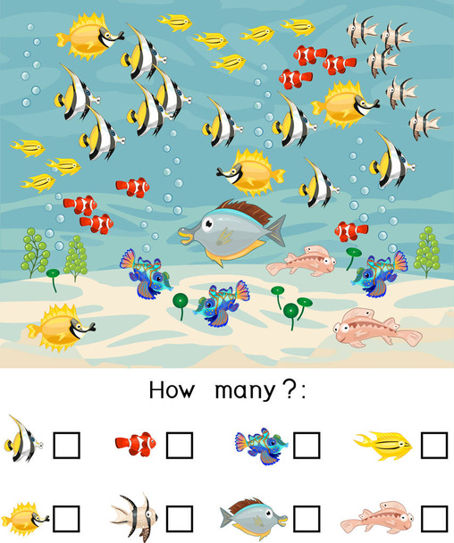 How many different sea fishes. Counting educational game with different sea animals for preschool kids - Vektor, Bild