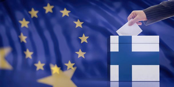 Εκλογές στη Φινλανδία για το Κοινοβούλιο της ΕΕ. Χέρι εισάγετε ένα φάκελο στην κάλπη φινλανδική σημαία στο φόντο σημαία της Ευρωπαϊκής Ένωσης. 3D απεικόνιση - Φωτογραφία, εικόνα