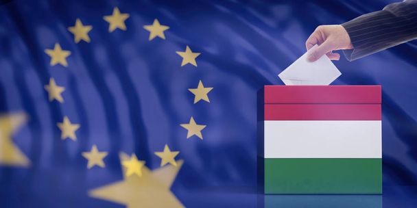 AB Parlamentosu seçimlerinde Macaristan'da. Bir Macar bayrak oy sandığı Avrupa Birliği bayrağı arka plan üzerinde bir zarf ekleyerek el. 3D çizim - Fotoğraf, Görsel