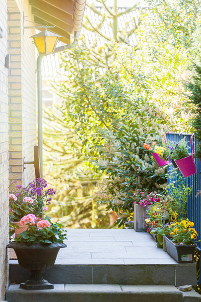 Porta d'ingresso principale di una casa di famiglia in mattoni decorata con piante e fiori in vaso sulle scale
. - Foto, immagini