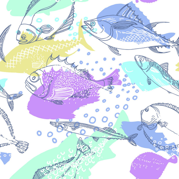 Seamless pattern of nature sea fish. Doodle art line. Realistic marine illustration on white background. Sketch, hatch. Vector art line set. Perch, cod, mackerel, flounder, saira Organic food design - Vektori, kuva
