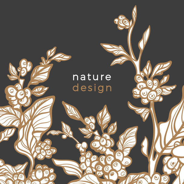 ベクトル レトロなテンプレートです。黄金アールデコ デザイン、花のバナーです。現実的なコーヒーの木、枝、葉、豆熱帯庭有機カード植物園ビンテージ イラスト、自然の背景、高級包装 - ベクター画像