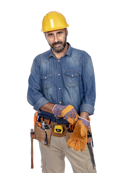 portrait of caucasian handyman isolated on white - Foto, imagen