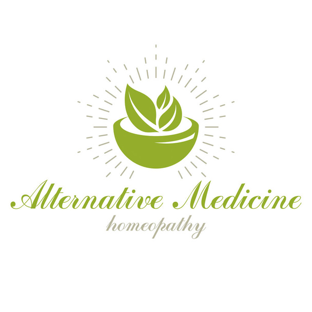 Mortel en stamper grafisch vector symbool samengesteld met groene bladeren. Homeopathie creatief logo voor gebruik in geneeskunde, revalidatie of farmacologie. - Vector, afbeelding