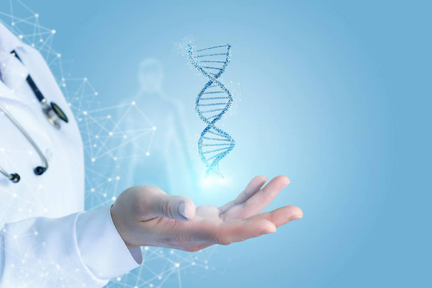 Tohtori Hand näyttää DNA:ta. Tutkimuksen ja testauksen käsite
. - Valokuva, kuva